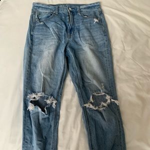 American Eagle Mom Jean High Waisted Light wash knee rips straight leg